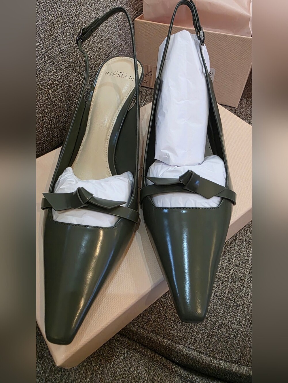 Alexandre Birman Dark Olive Pointed Slingback Flats with Knot Detail